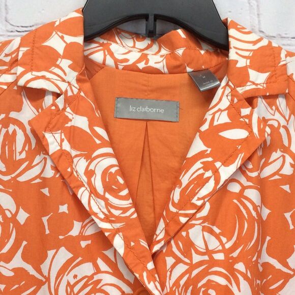Liz Claiborne Jacket Women's Size M Orange/White Rose Swirl Print Button Pockets - Picture 8 of 12
